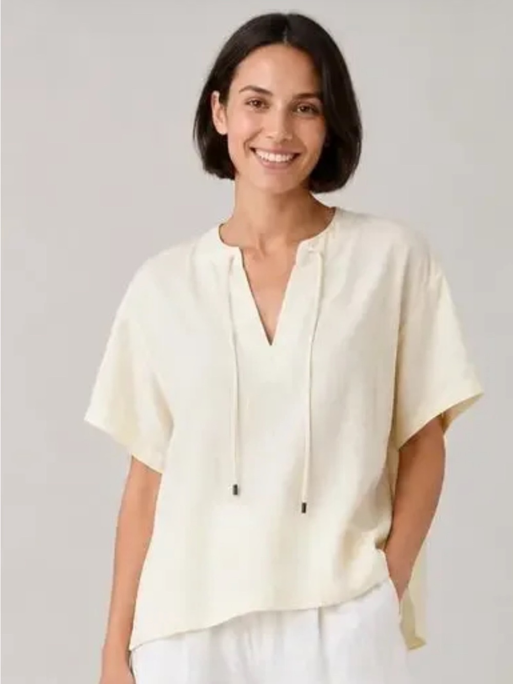 Light Yellow Short-Sleeve V-Neck Tie Top as new
